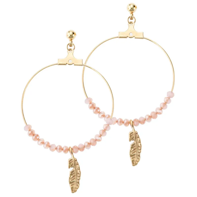 Boucles d'oreilles plume acier doré et rose608376<GO Mademoiselle Clearance