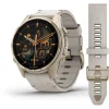 Fenix 8 Amoled 43mm Verre Sapphire lunette Soft Gold bracelet cuir beige crème + silicone gris cendré010-02903-40<Garmin Fashion