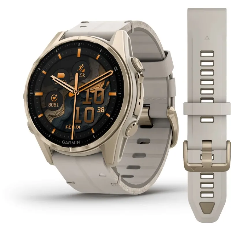 Fenix 8 Amoled 43mm Verre Sapphire lunette Soft Gold bracelet cuir beige crème + silicone gris cendré010-02903-40<Garmin Fashion