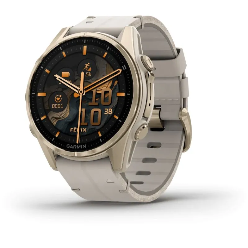 Fenix 8 Amoled 43mm Verre Sapphire lunette Soft Gold bracelet cuir beige crème + silicone gris cendré010-02903-40<Garmin Fashion