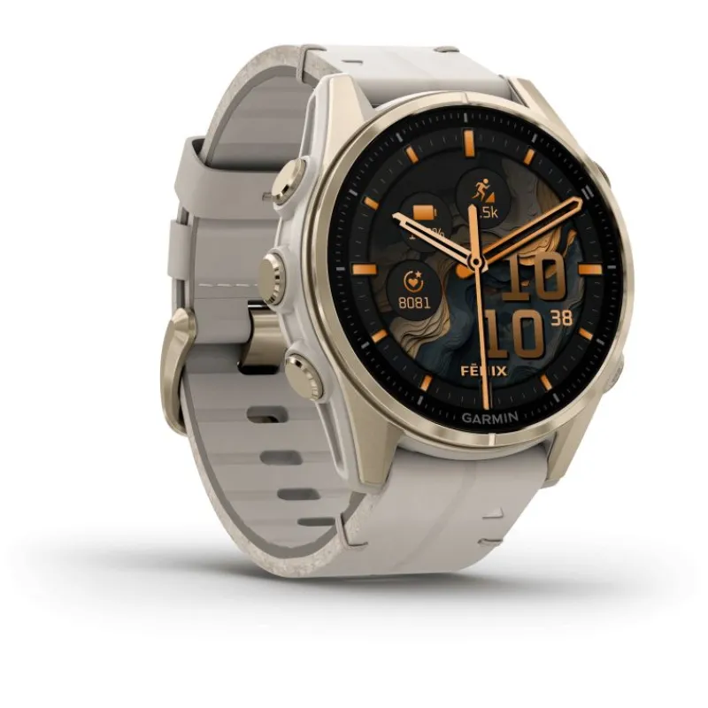 Fenix 8 Amoled 43mm Verre Sapphire lunette Soft Gold bracelet cuir beige crème + silicone gris cendré010-02903-40<Garmin Fashion