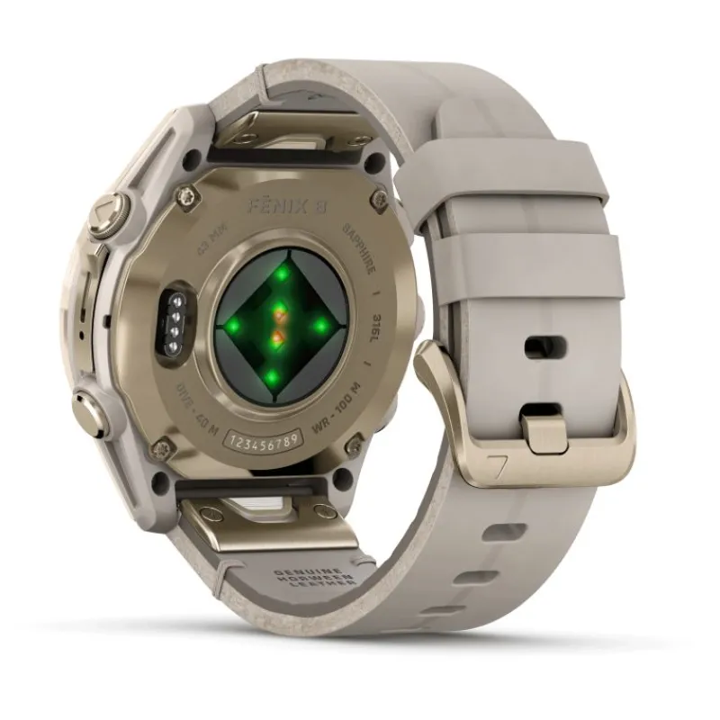 Fenix 8 Amoled 43mm Verre Sapphire lunette Soft Gold bracelet cuir beige crème + silicone gris cendré010-02903-40<Garmin Fashion