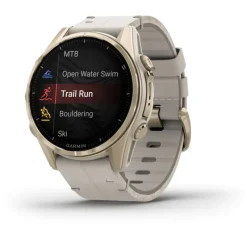 Fenix 8 Amoled 43mm Verre Sapphire lunette Soft Gold bracelet cuir beige crème + silicone gris cendré010-02903-40<Garmin Fashion