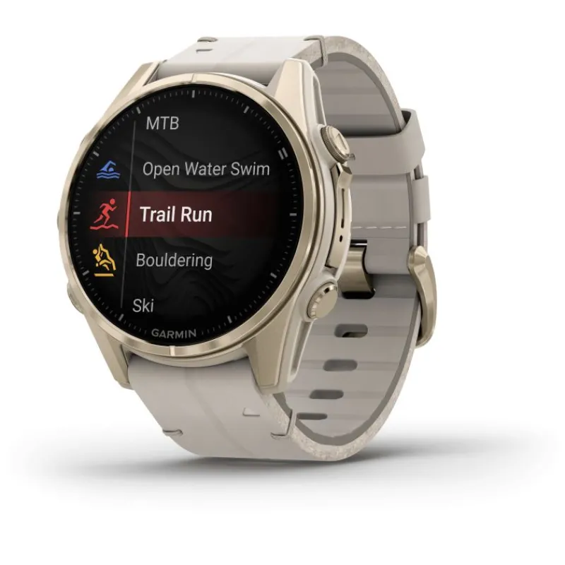 Fenix 8 Amoled 43mm Verre Sapphire lunette Soft Gold bracelet cuir beige crème + silicone gris cendré010-02903-40<Garmin Fashion