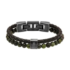 - Bracelet KARMA Cuir Marron et perles Unakite et Oeil de tigre fermoir Acier vintage 13mm x 21,5cmHB562208<Rochet Online