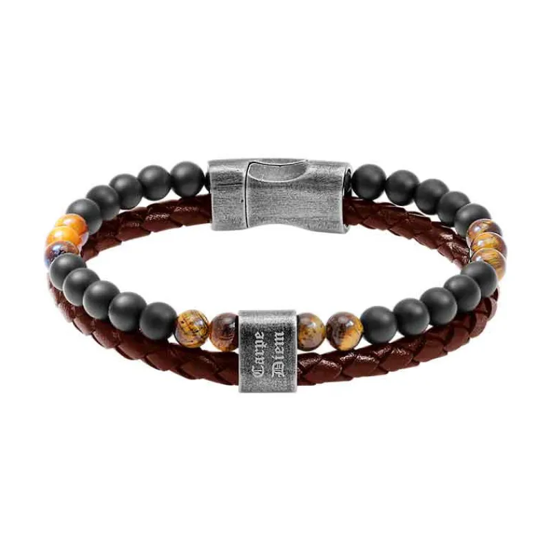 - Bracelet Karma cuir tressé marron / oeil de tigre / agates noires 22cmHB562203<Rochet Best